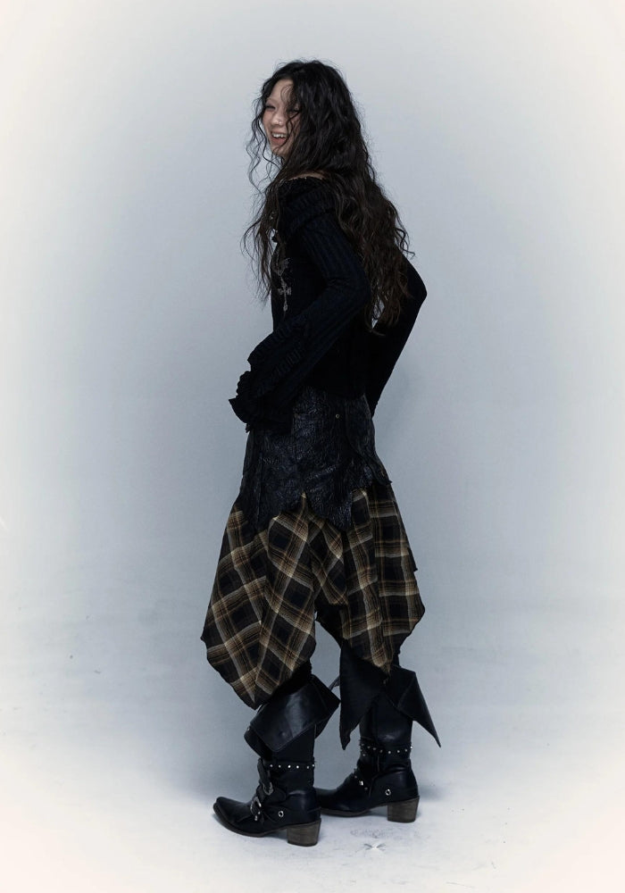 Grunge Faux Leather Plaid Midi Skirt - KAYSMAR