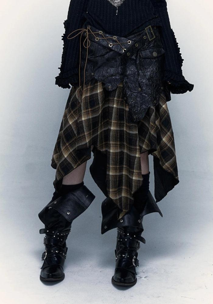 Grunge Faux Leather Plaid Midi Skirt - KAYSMAR