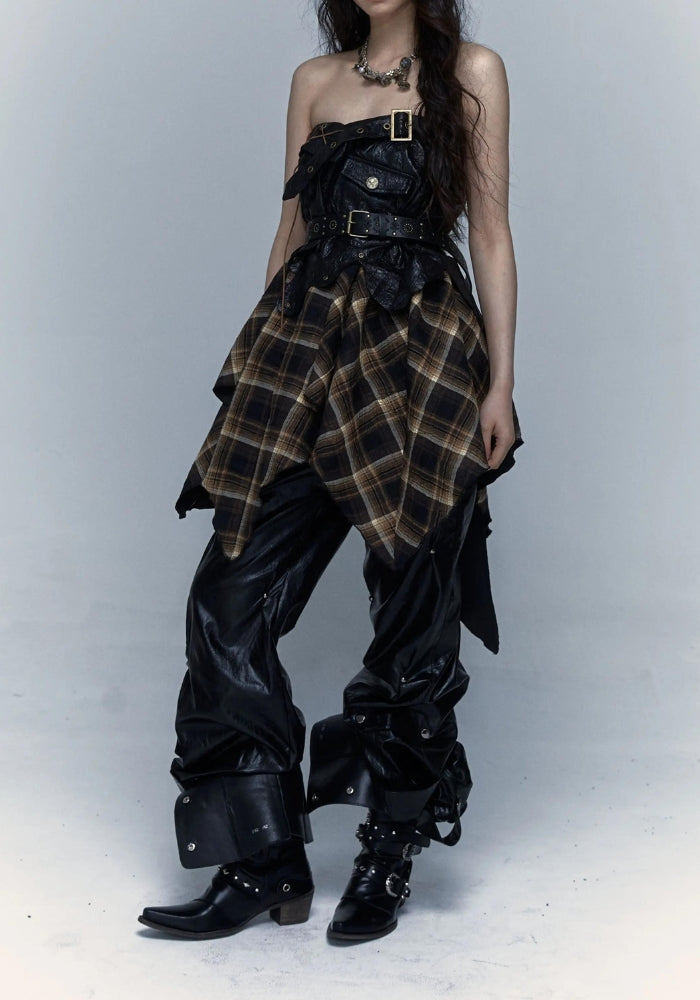 Grunge Faux Leather Plaid Midi Skirt - KAYSMAR
