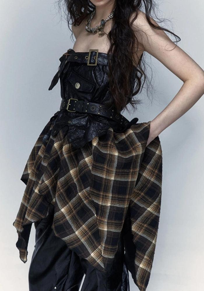 Grunge Faux Leather Plaid Midi Skirt - KAYSMAR