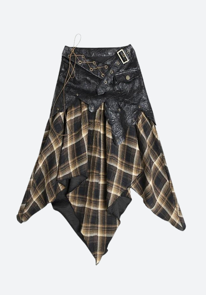 Grunge Faux Leather Plaid Midi Skirt - KAYSMAR
