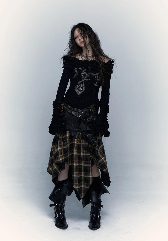 Grunge Faux Leather Plaid Midi Skirt - KAYSMAR