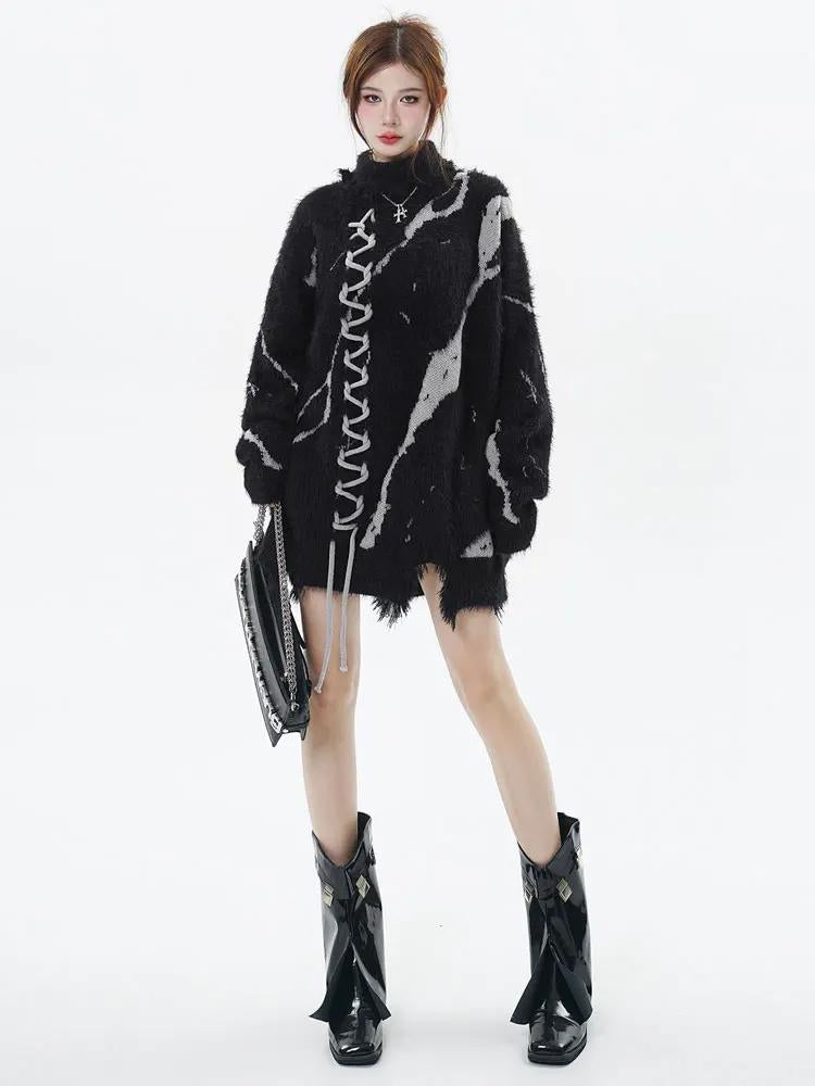 Grunge Fluffy Lace Up Sweater - KAYSMAR