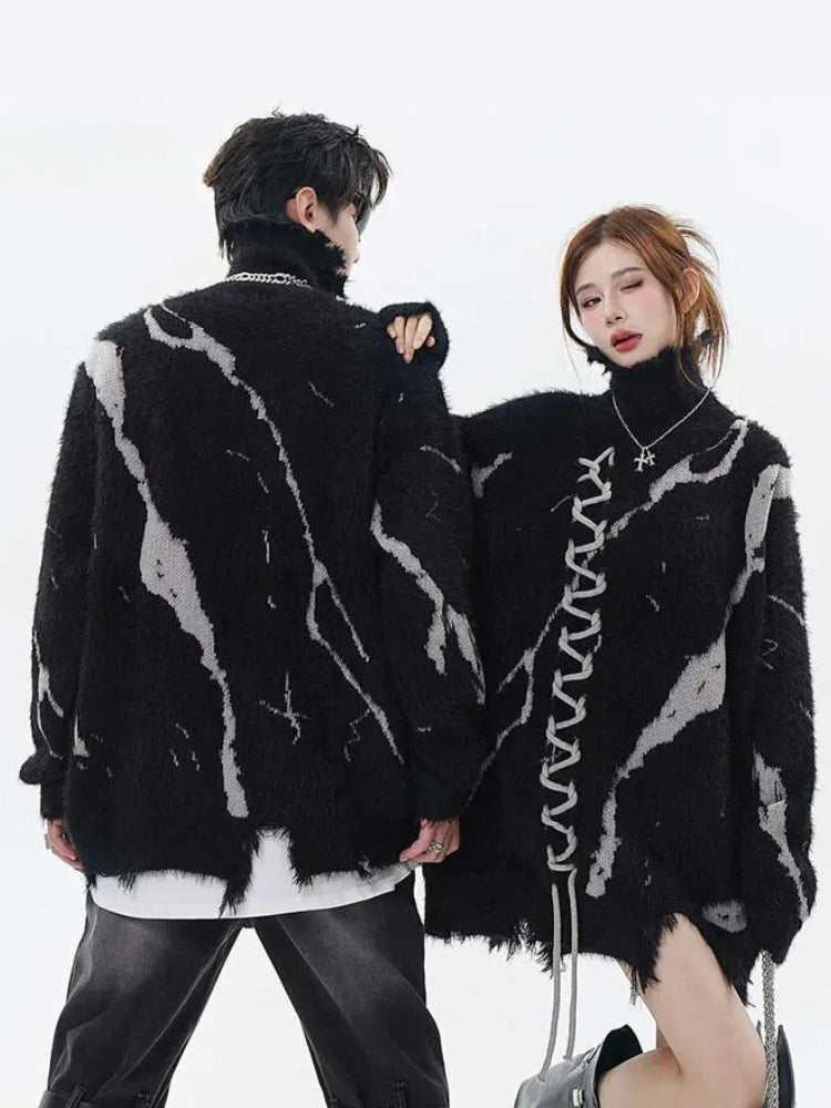 Grunge Fluffy Lace Up Sweater - KAYSMAR