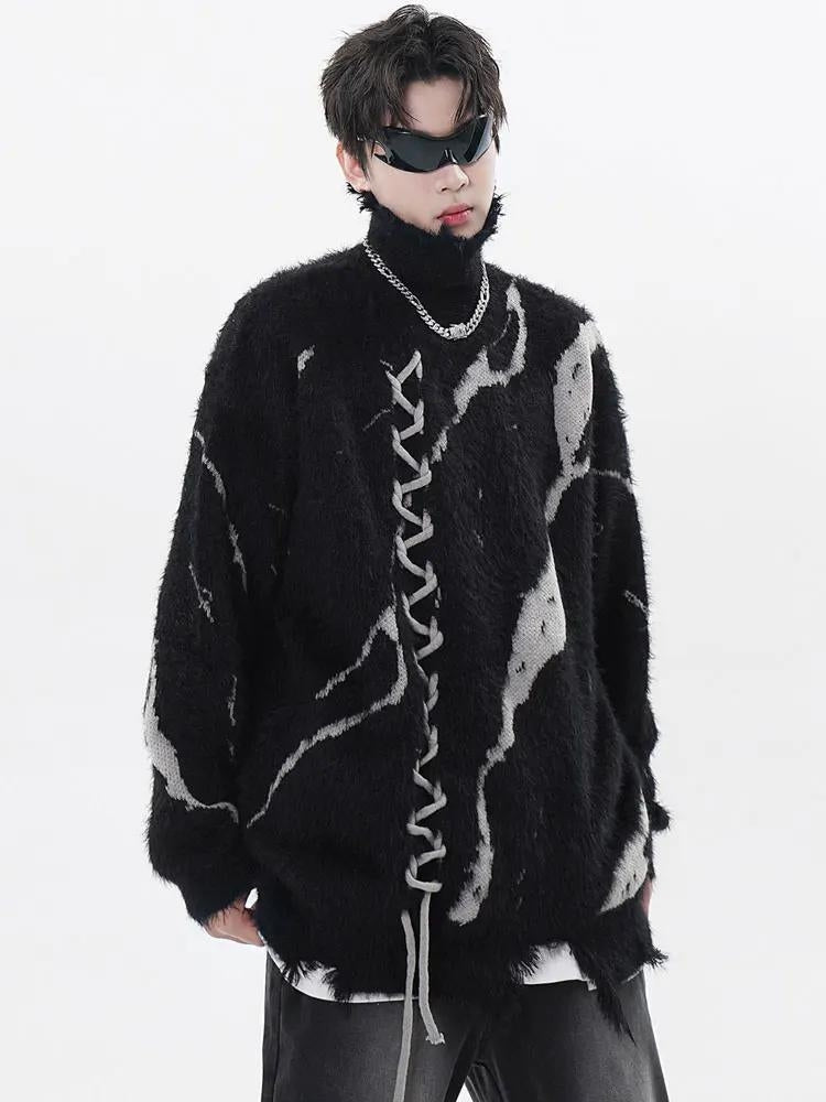 Grunge Fluffy Lace Up Sweater - KAYSMAR
