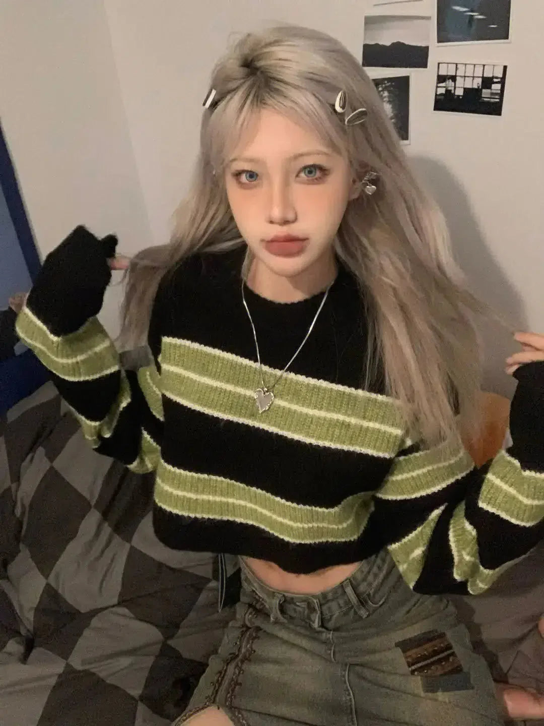 Grunge Green Striped Crop Sweater - KAYSMAR