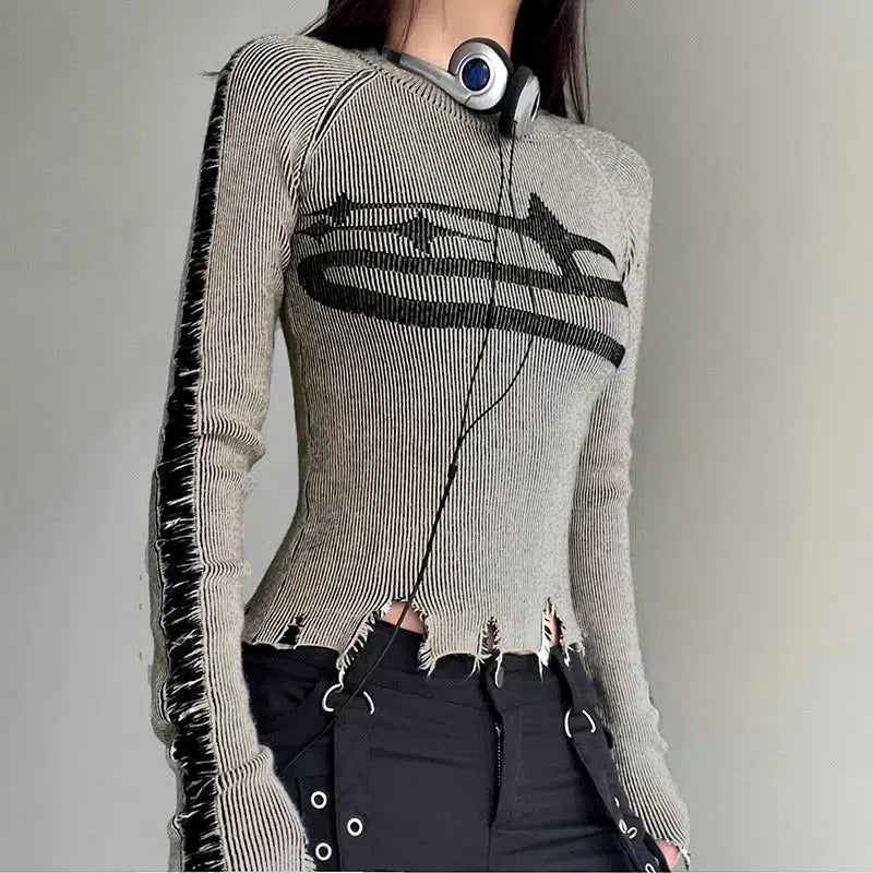 Grunge Long Sleeve Distressed Top - KAYSMAR