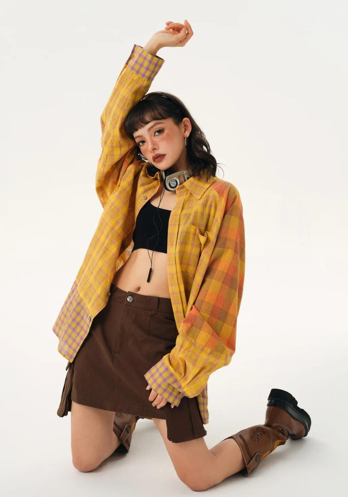Grunge Multi Pattern Plaid Shirt - KAYSMAR