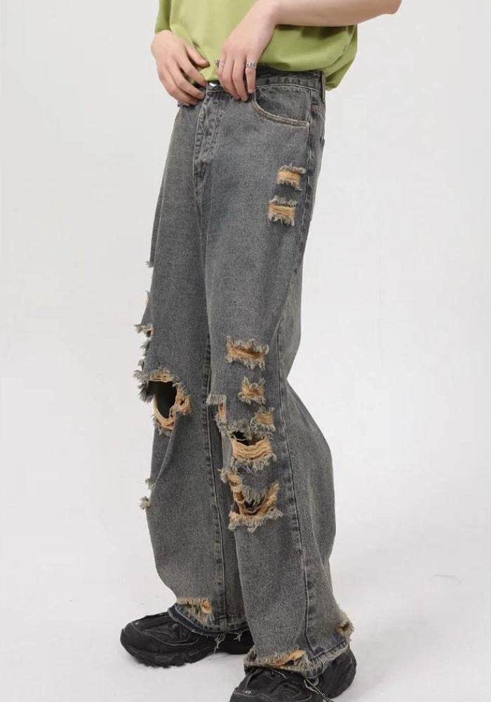 Grunge Ripped Straight Leg Jeans - KAYSMAR