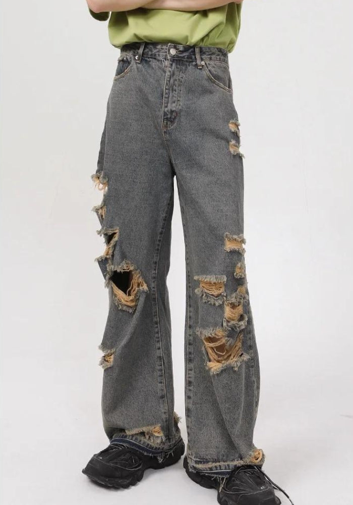 Grunge Ripped Straight Leg Jeans - KAYSMAR