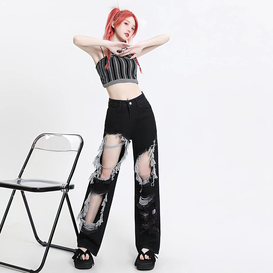 Grunge Ripped Wide Leg Jeans - KAYSMAR