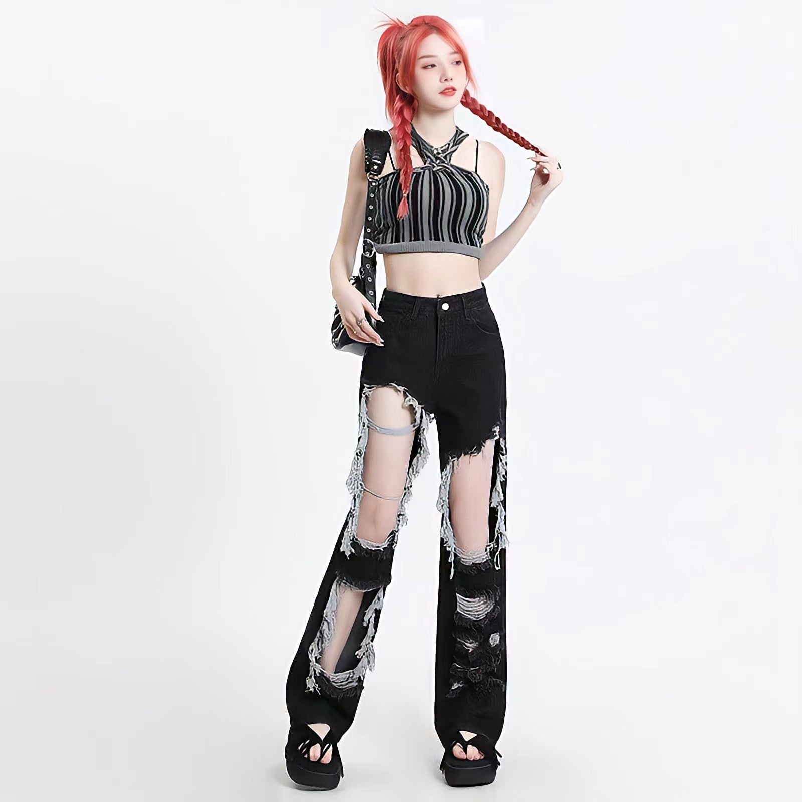 Grunge Ripped Wide Leg Jeans - KAYSMAR