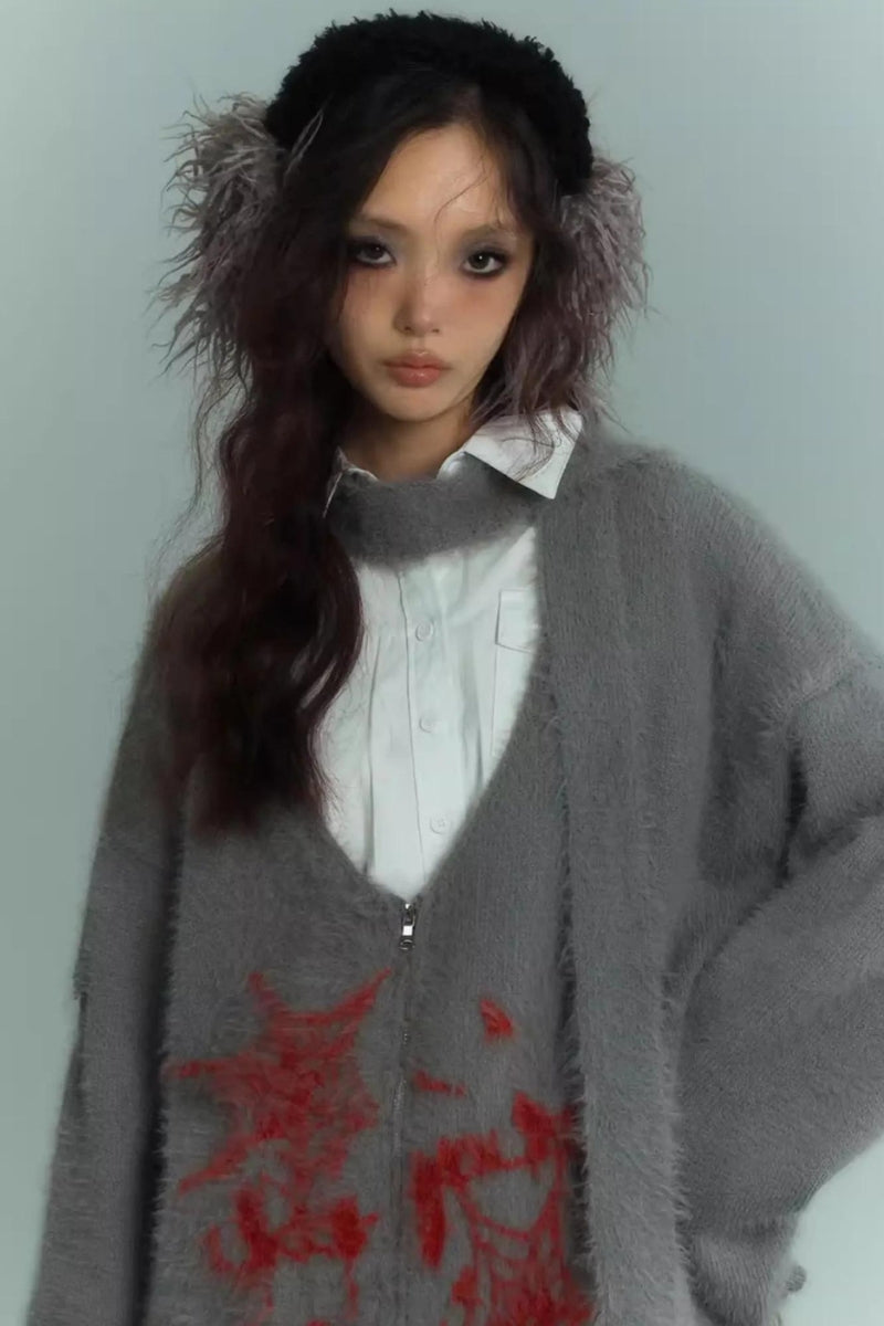 Grunge Scarf Tie Fluffy Cardigan - KAYSMAR