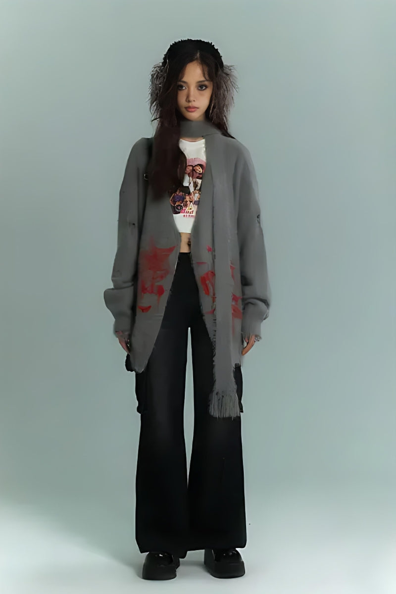 Grunge Scarf Tie Fluffy Cardigan - KAYSMAR