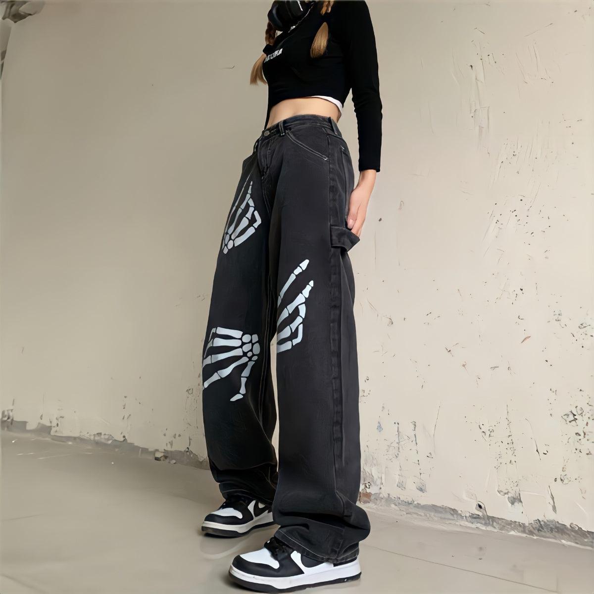 Grunge Skeleton Hand Printed Jeans - KAYSMAR