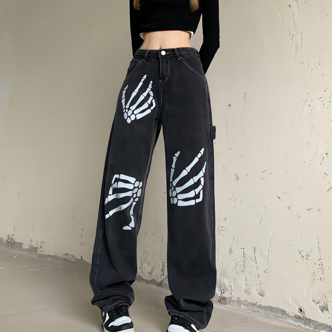 Grunge Skeleton Hand Printed Jeans - KAYSMAR