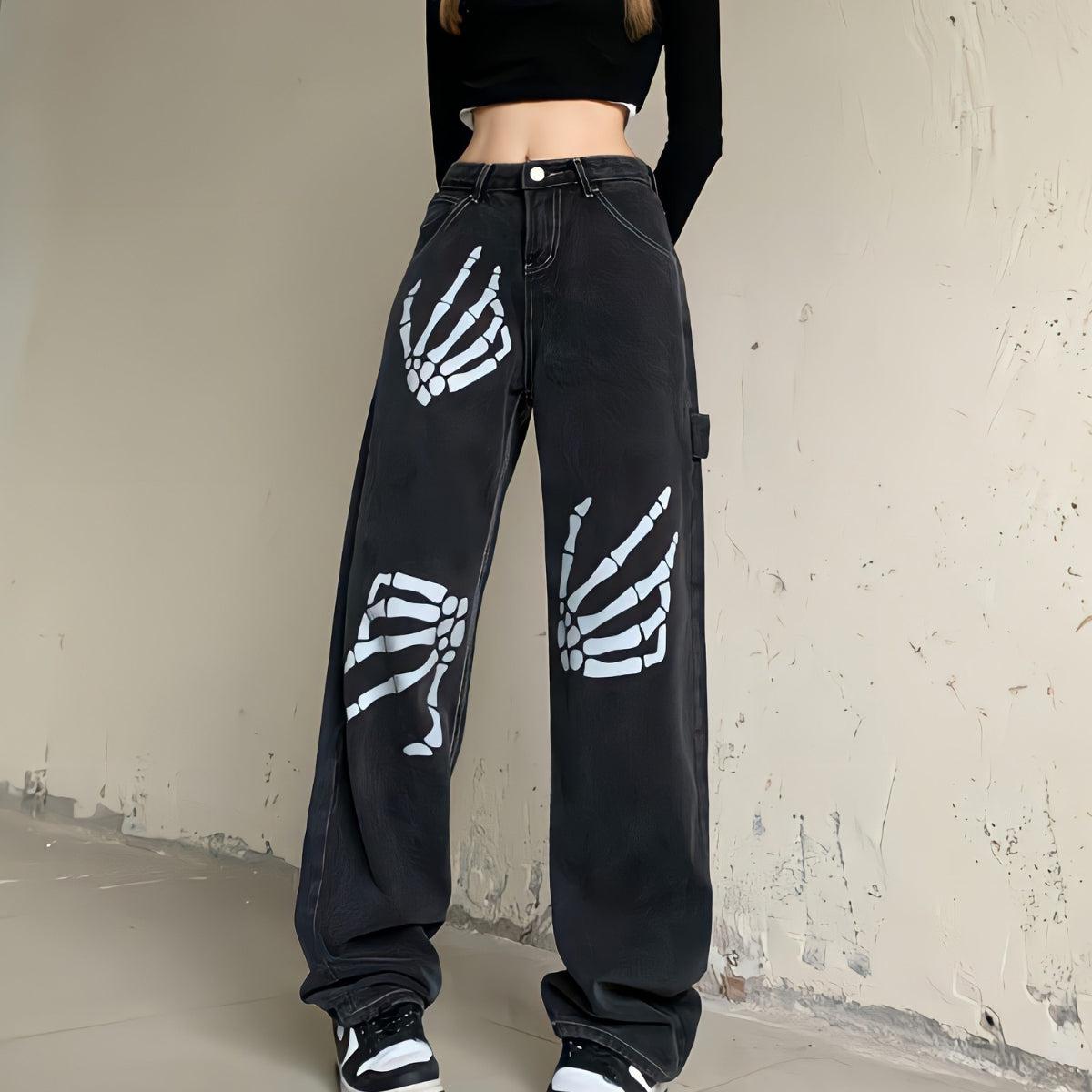 Grunge Skeleton Hand Printed Jeans - KAYSMAR