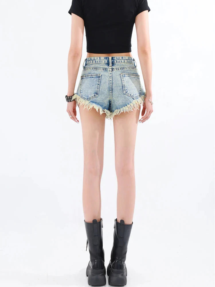 Grunge Tasseled Denim Shorts - KAYSMAR