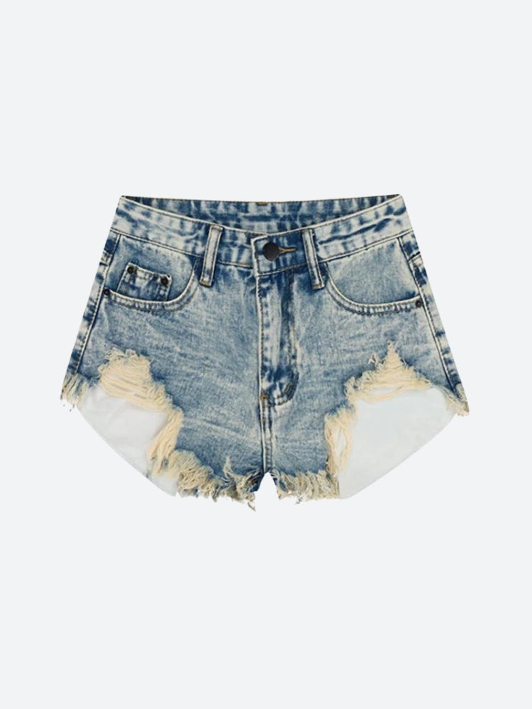 Grunge Tasseled Denim Shorts - KAYSMAR