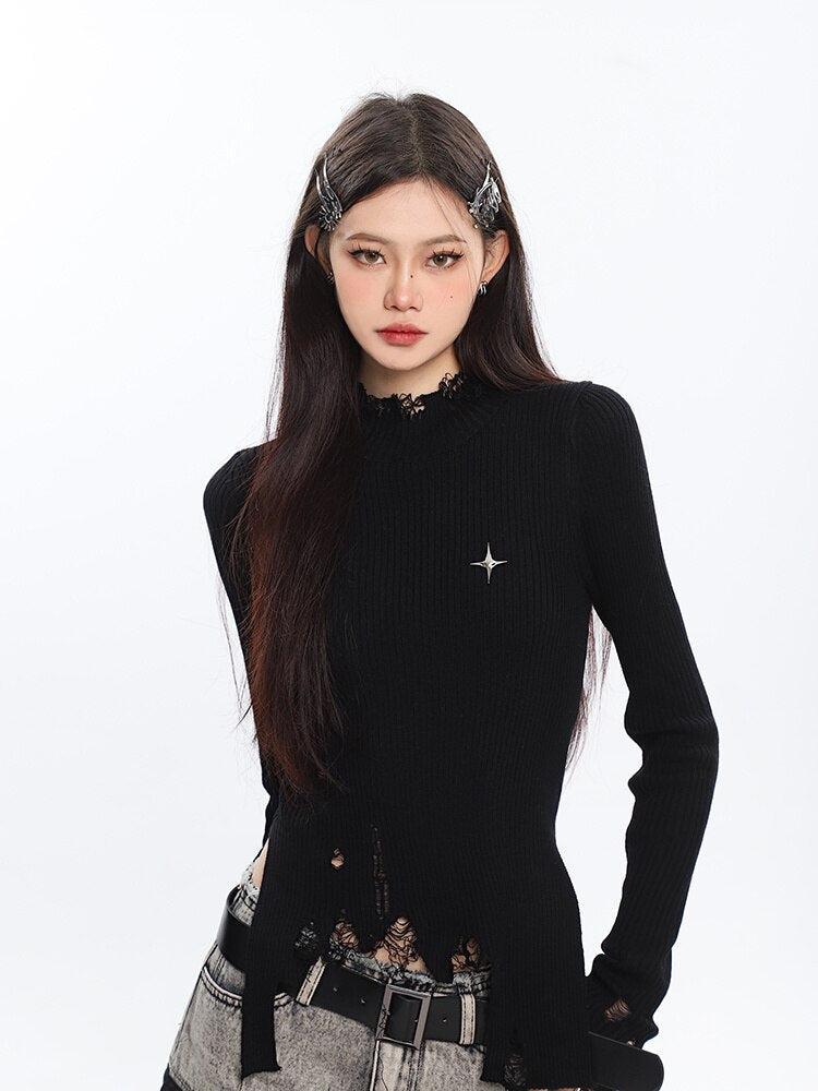 Grunge Turtleneck Distressed Sweater - KAYSMAR