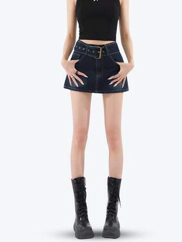 Grunge Belted Denim Mini Skirt - KAYSMAR