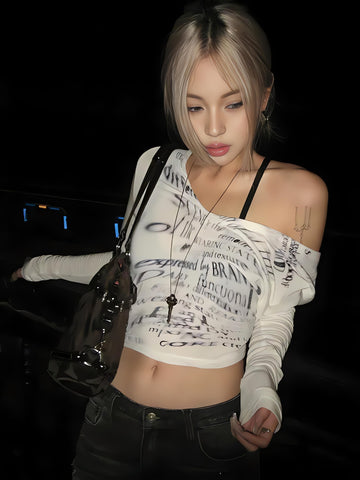 Grunge Blur Letter One Shoulder Top - KAYSMAR