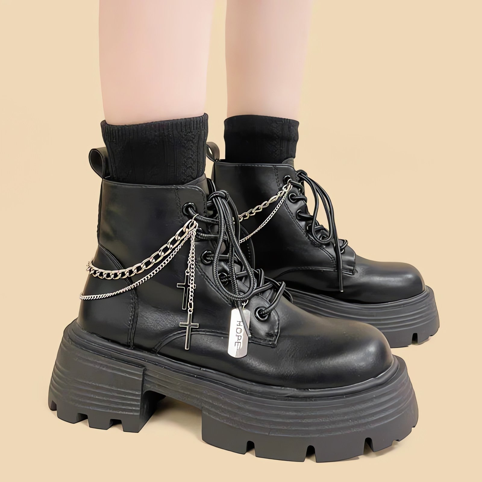 Grunge Chain with Cross Combat Boots - KAYSMAR