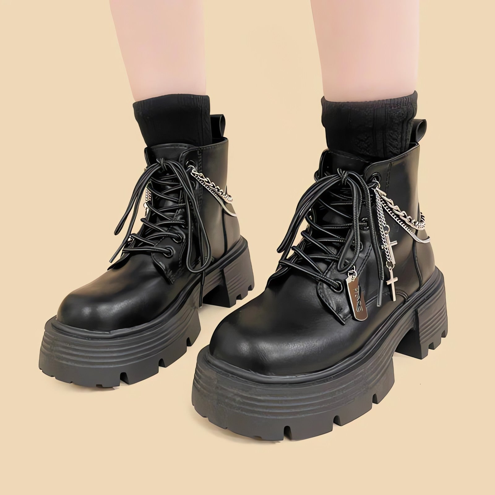 Grunge Chain with Cross Combat Boots - KAYSMAR