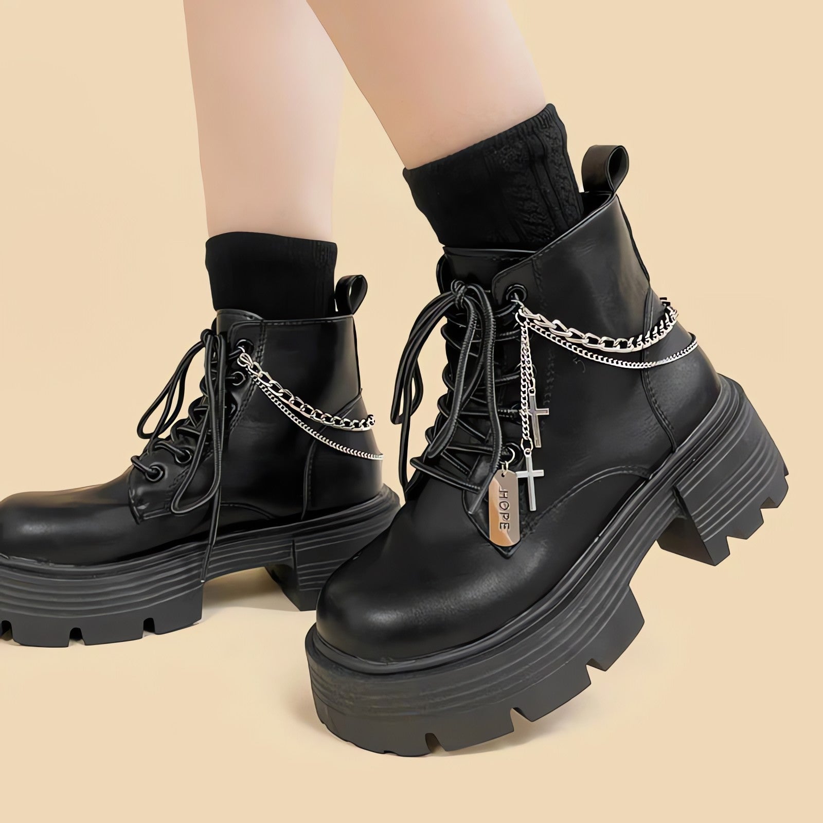 Grunge Chain with Cross Combat Boots - KAYSMAR