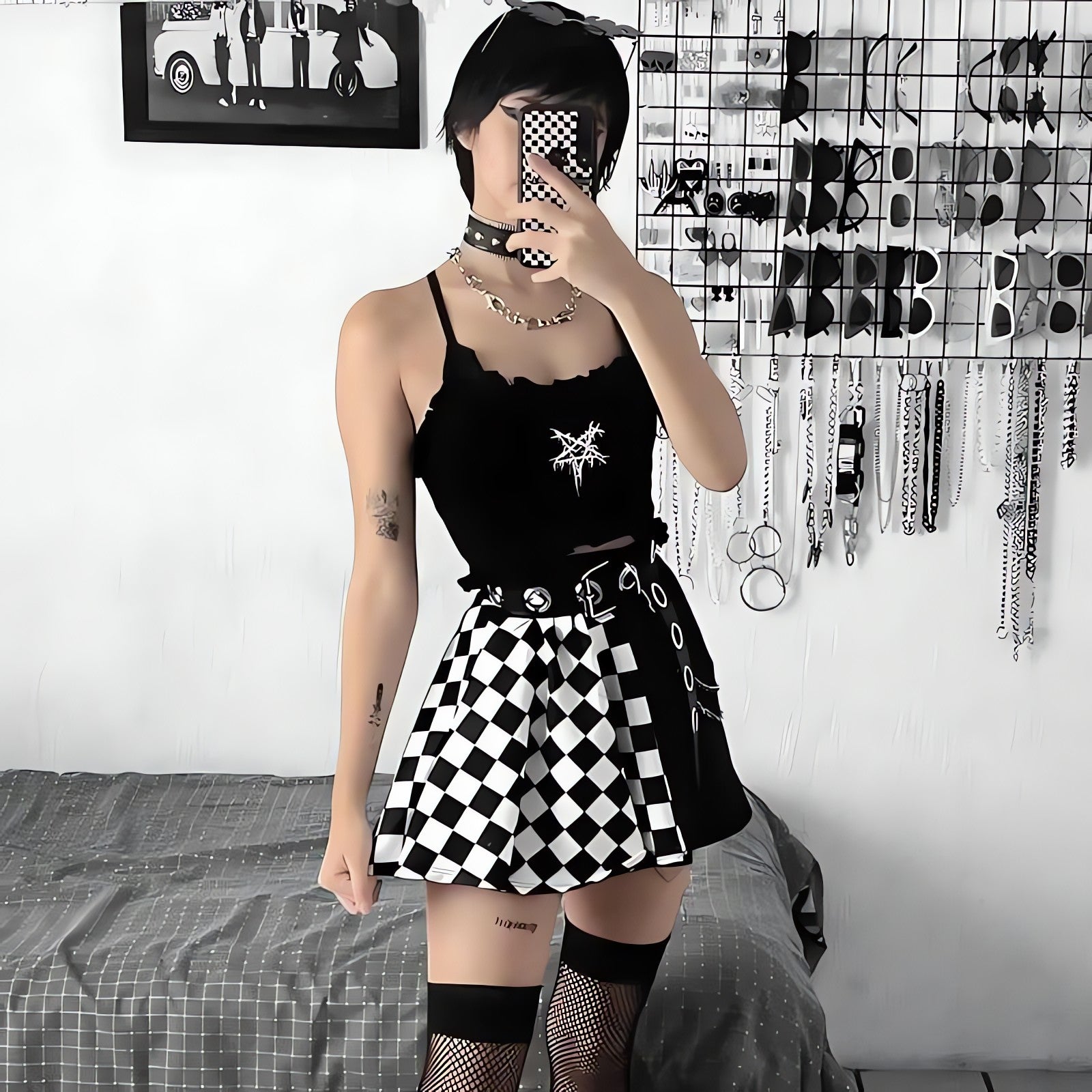 Grunge Checked A-Line Mini Skirt - KAYSMAR