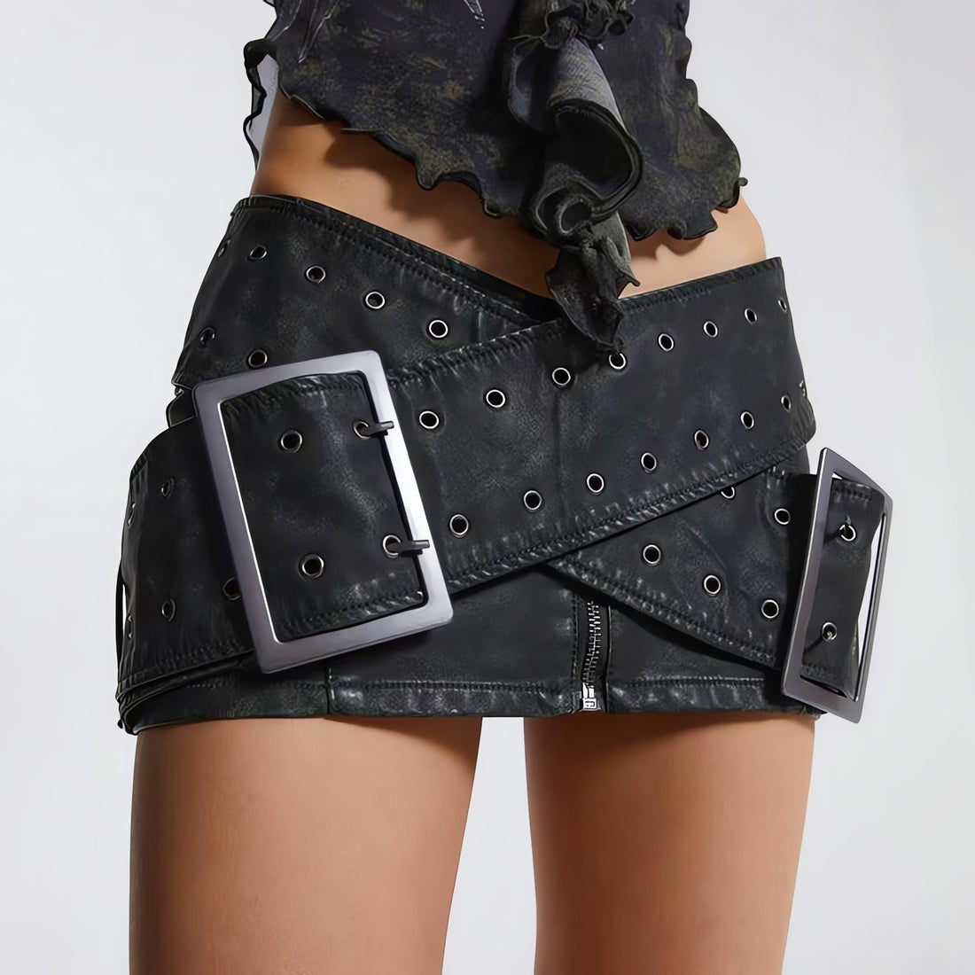 Grunge Cross Belt Faux Leather Mini Skirt - KAYSMAR