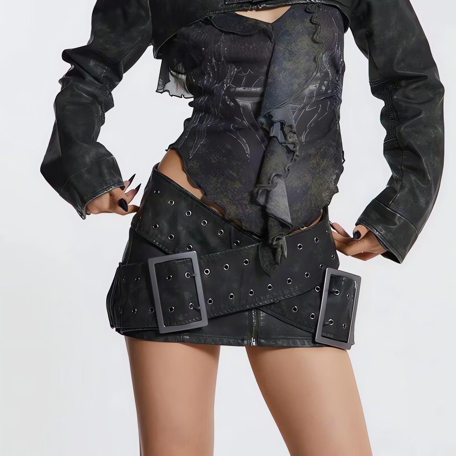Grunge Cross Belt Faux Leather Mini Skirt - KAYSMAR