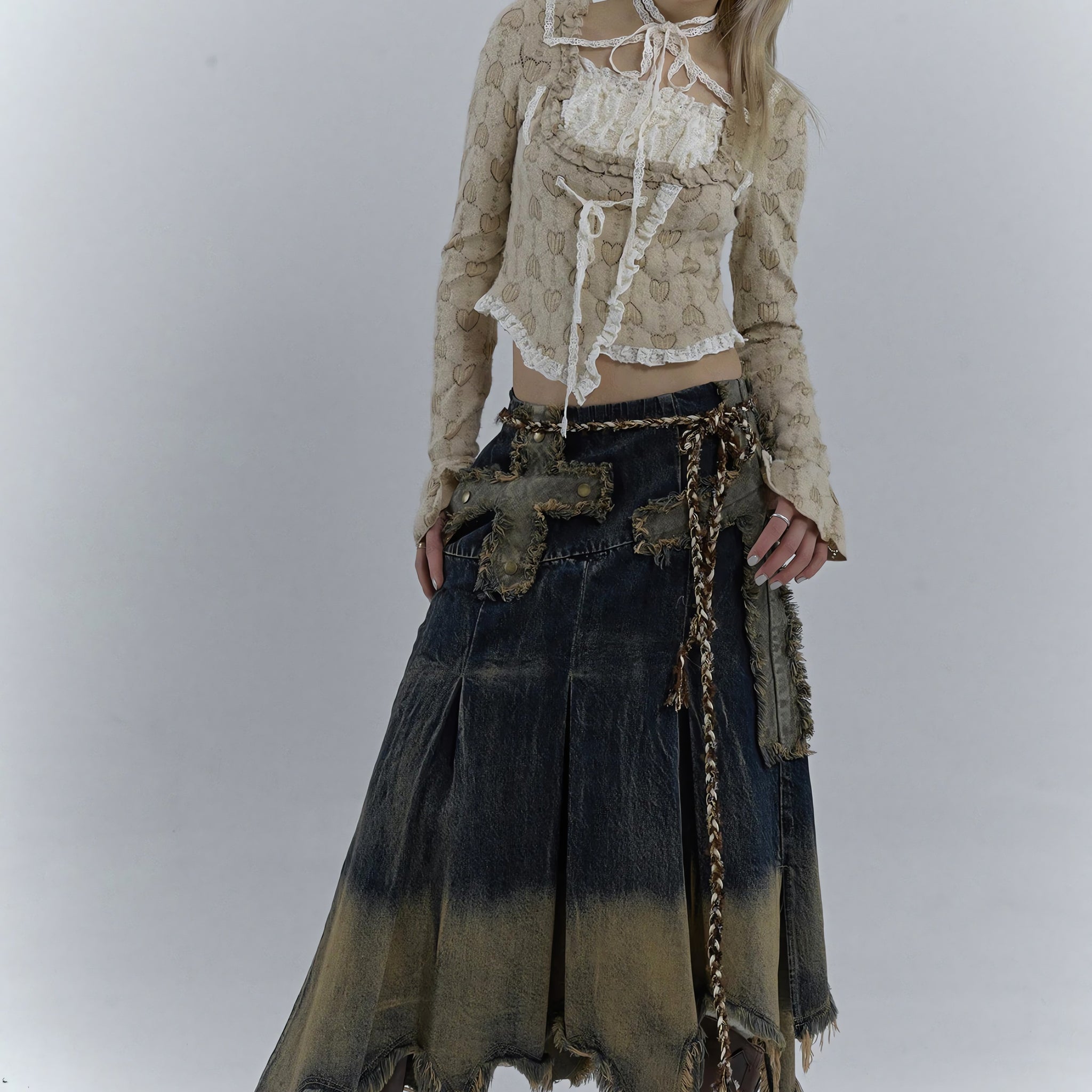 Grunge Cross Patch Pleated Maxi Skirt - KAYSMAR