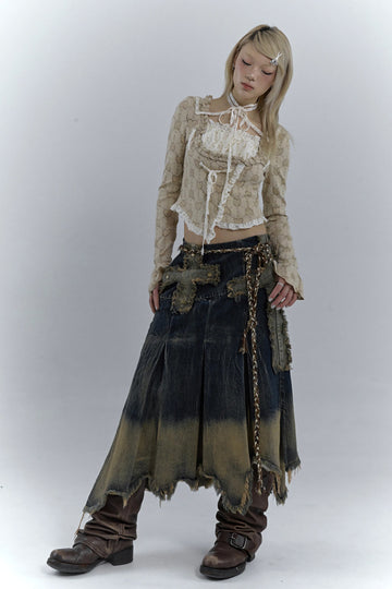 Grunge Cross Patch Pleated Maxi Skirt - KAYSMAR