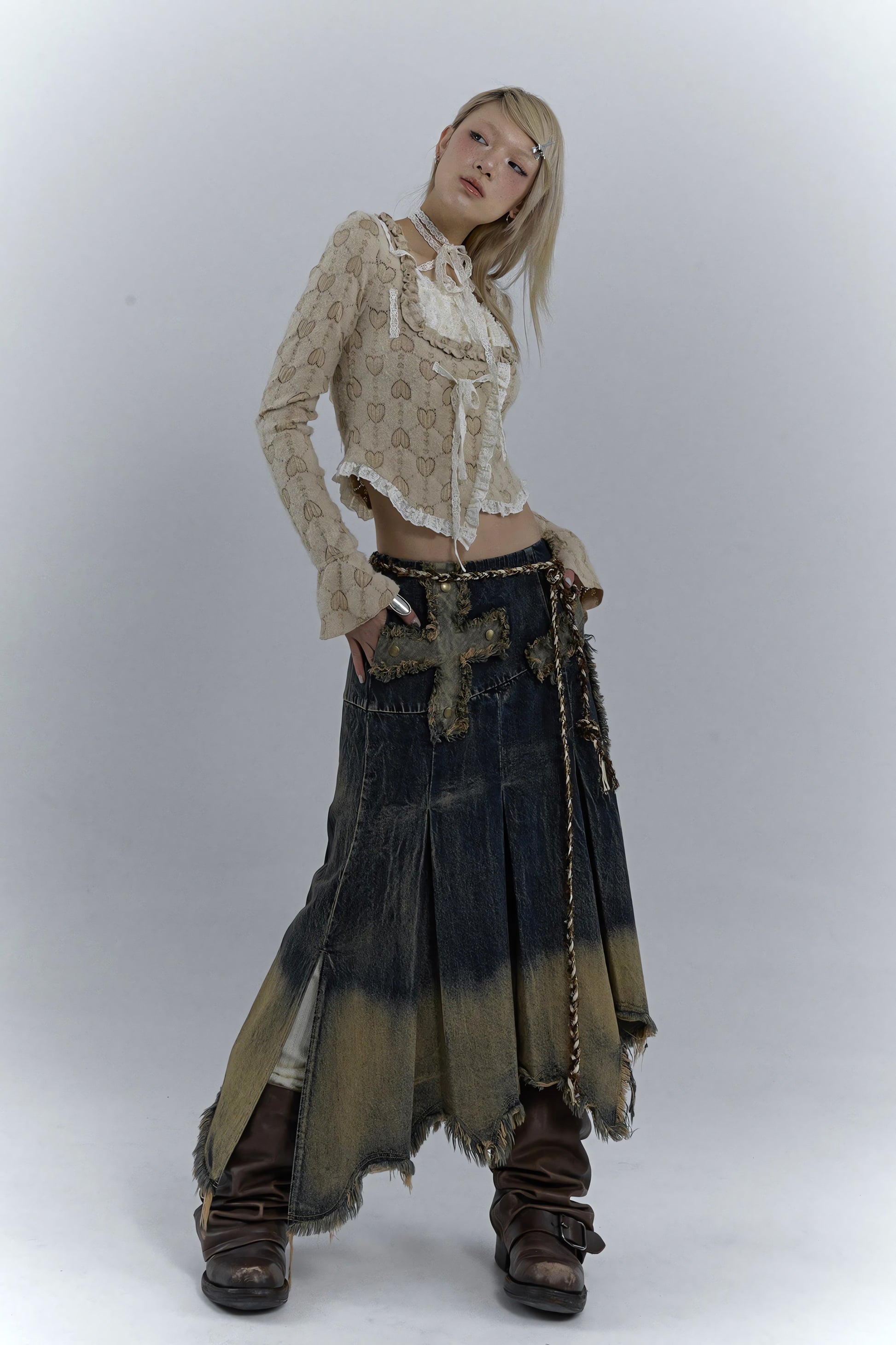 Grunge Cross Patch Pleated Maxi Skirt - KAYSMAR