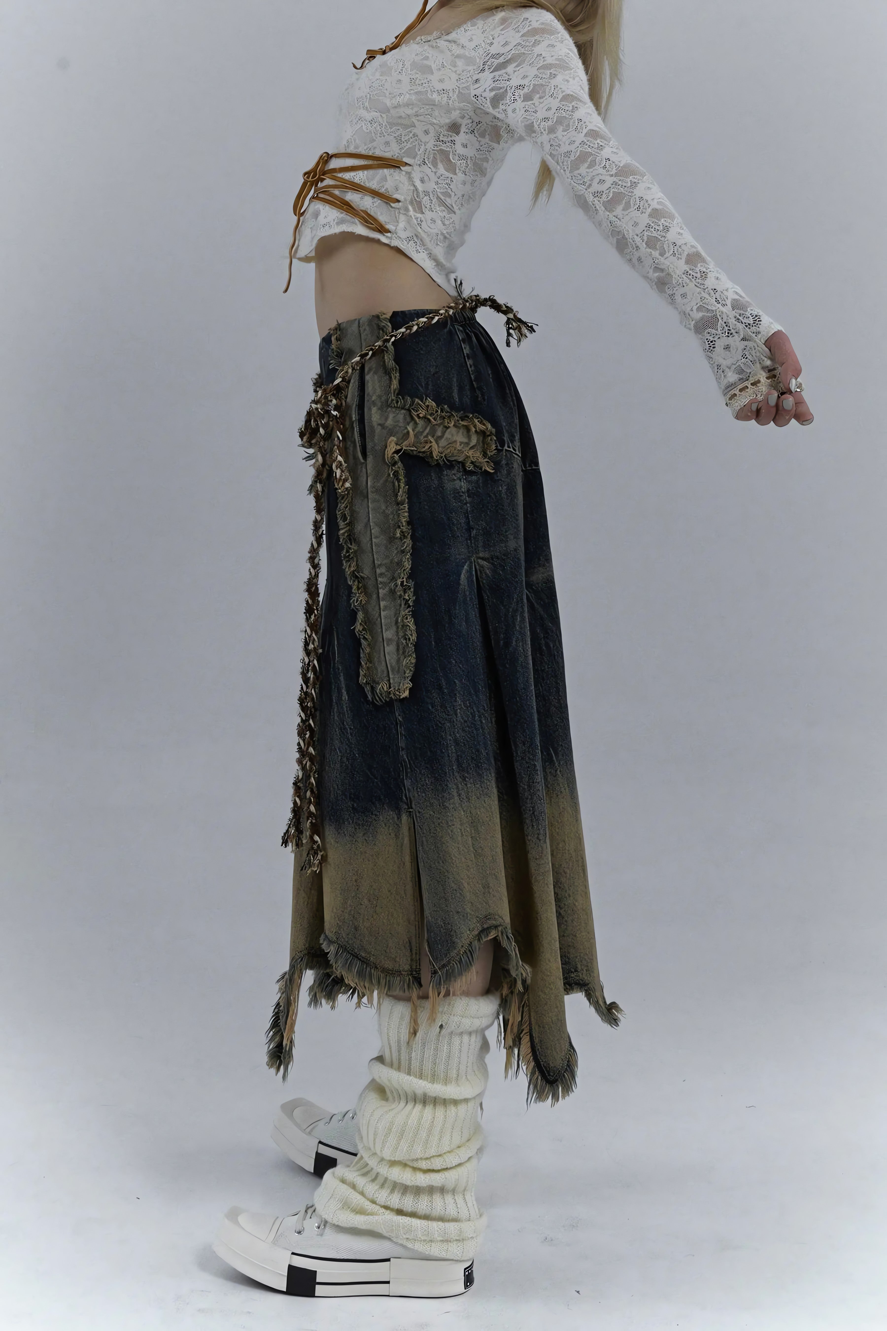 Grunge Cross Patch Pleated Maxi Skirt - KAYSMAR