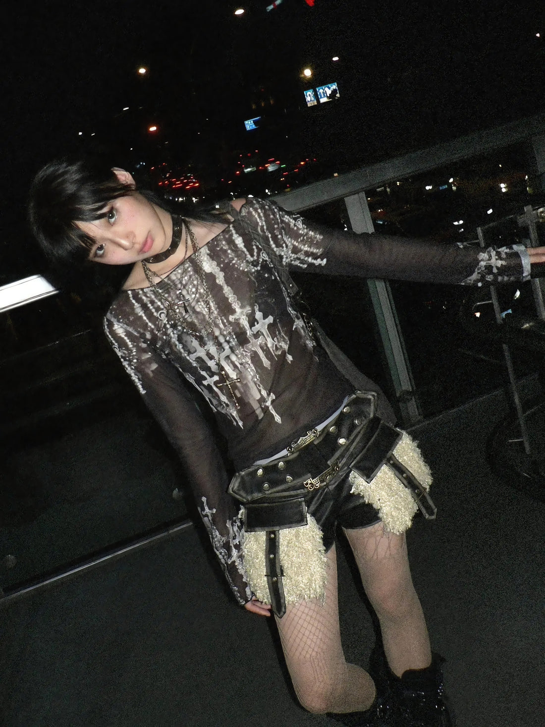 Grunge Cross Wide Neck Mesh Top - KAYSMAR