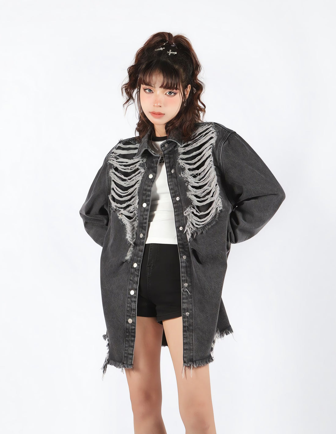 Grunge Distressed Long Denim Jacket - KAYSMAR