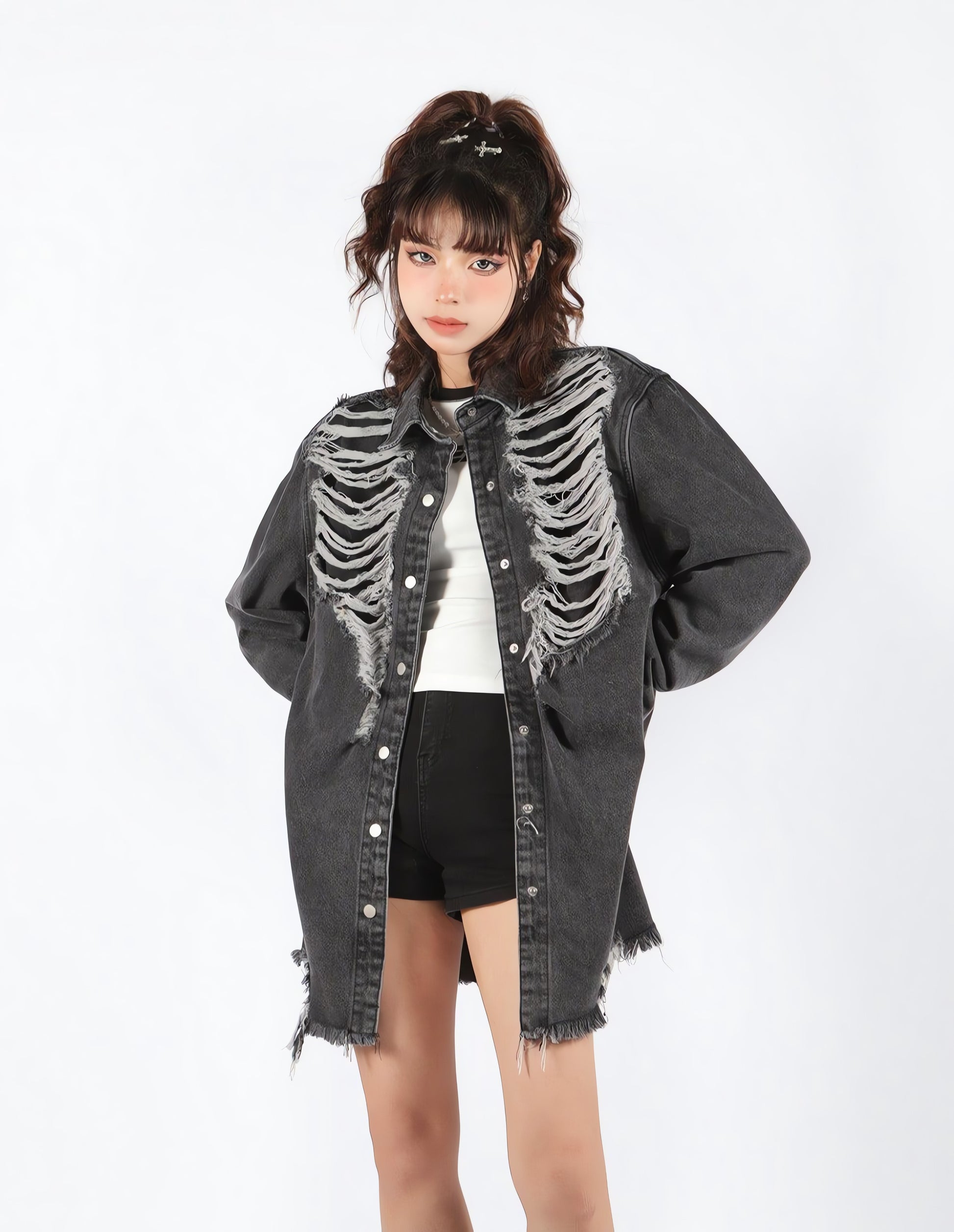 Grunge Distressed Long Denim Jacket - KAYSMAR