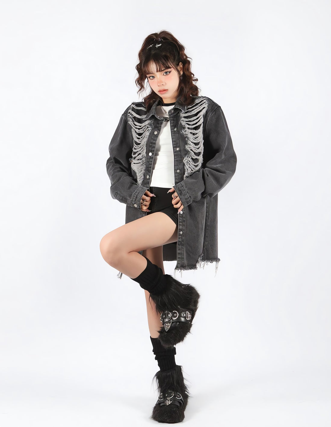 Grunge Distressed Long Denim Jacket - KAYSMAR