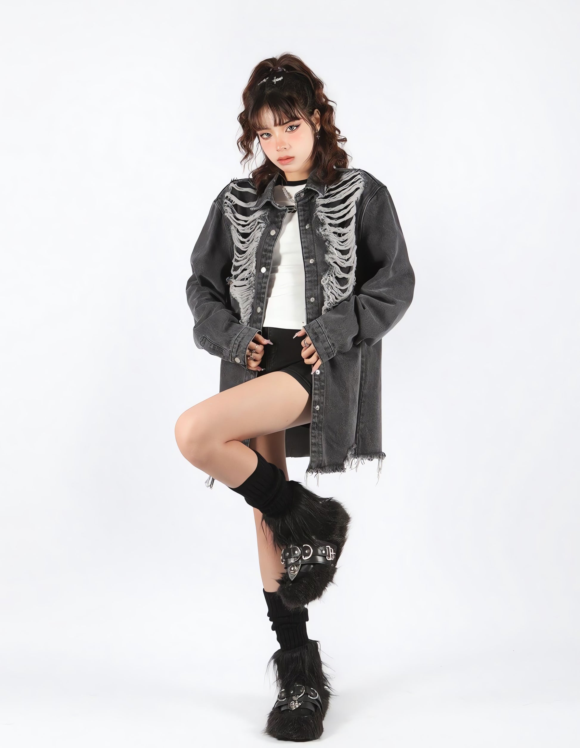 Grunge Distressed Long Denim Jacket - KAYSMAR