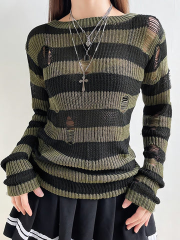 Grunge Distressed Striped Sweater - KAYSMAR