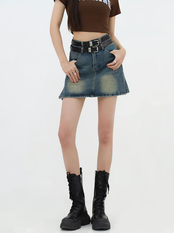 Grunge Double Belt Loop Denim Mini Skirt - KAYSMAR