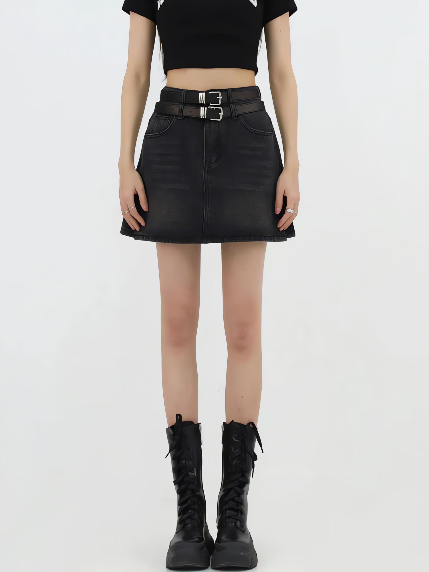 Grunge Double Belt Loop Denim Mini Skirt - KAYSMAR