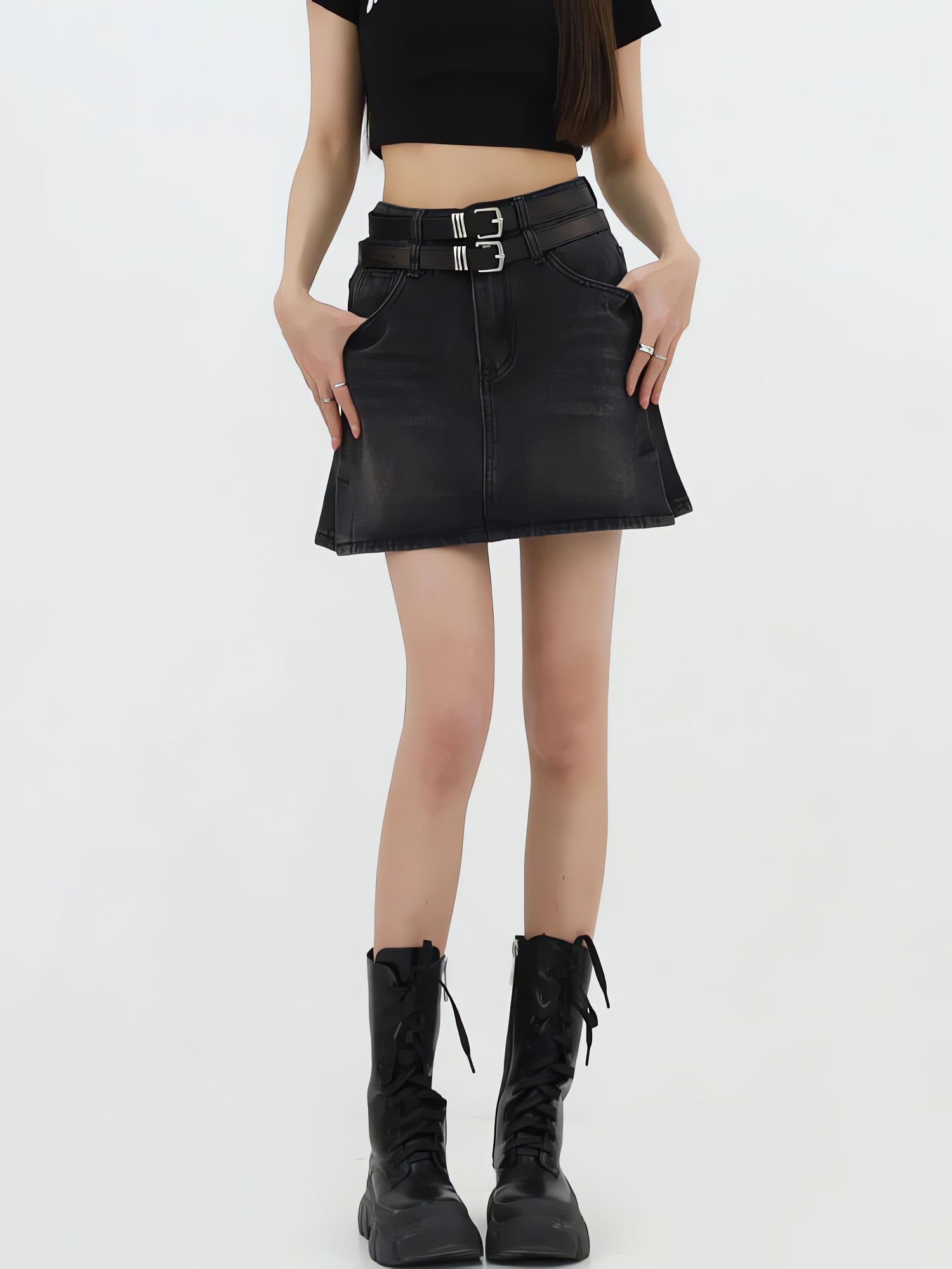 Grunge Double Belt Loop Denim Mini Skirt - KAYSMAR