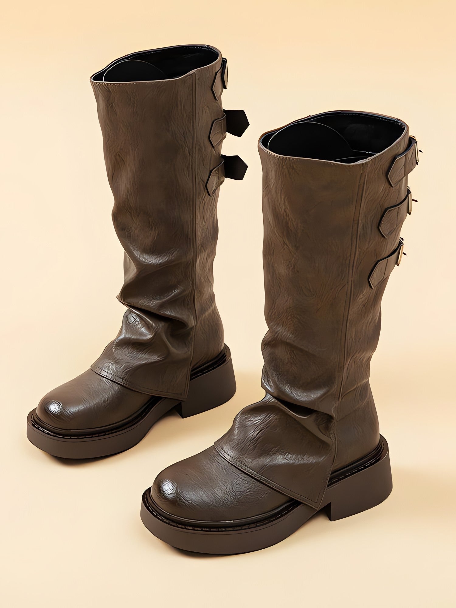 Grunge Faux Leather Belted Boots