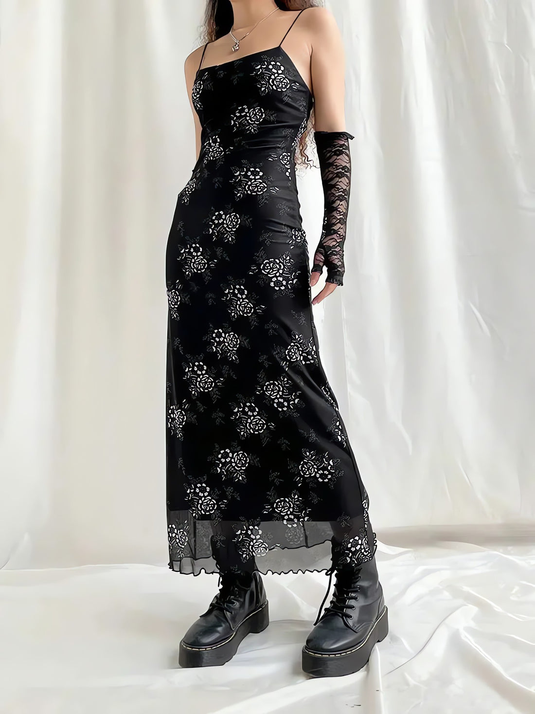 Grunge Floral Mesh Midi Dress - KAYSMAR
