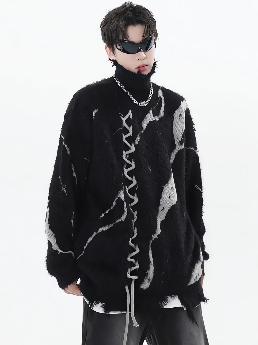 Grunge Fluffy Lace Up Sweater - KAYSMAR
