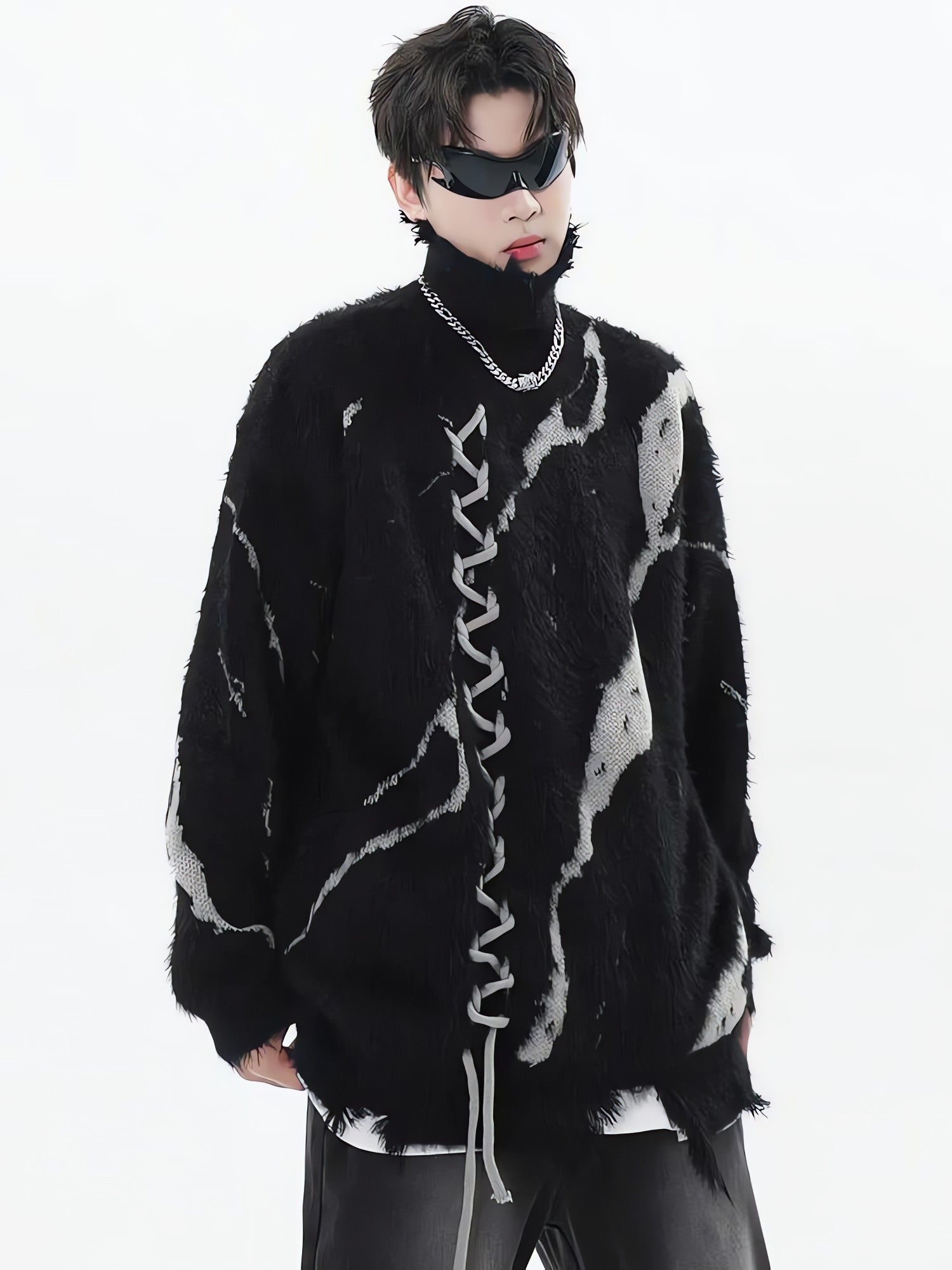 Grunge Fluffy Lace Up Sweater - KAYSMAR