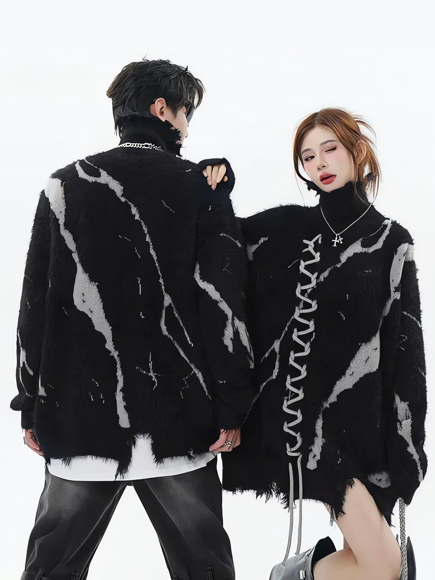 Grunge Fluffy Lace Up Sweater - KAYSMAR